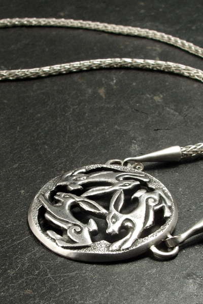 Silver triple hare necklace on Viking knit chain
